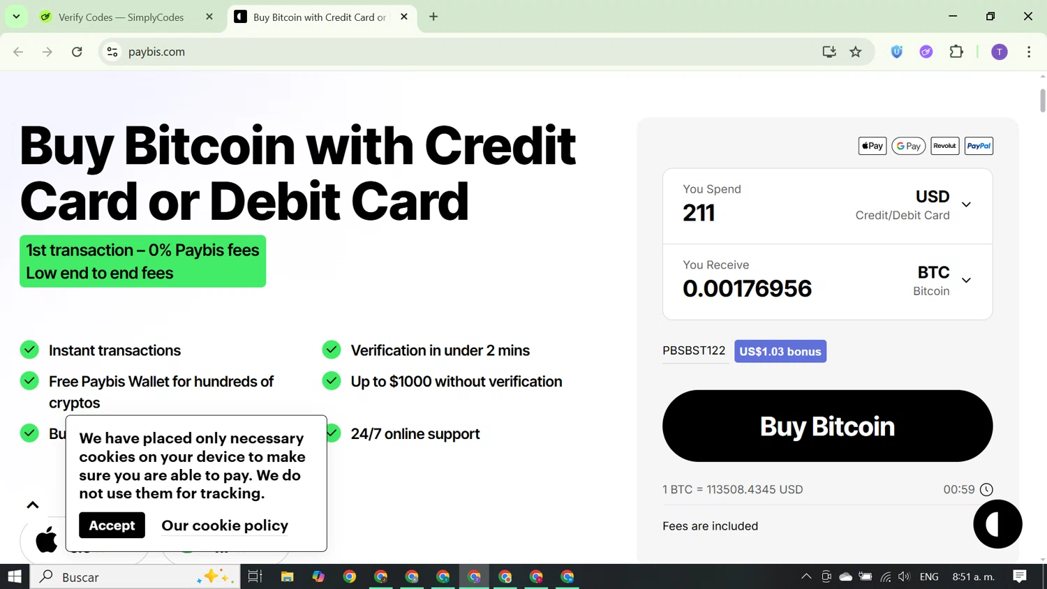 Paybis promo code screenshot showing code PBSBST122 applied at Paybis checkout page. Uploaded by SimplyCodes community member FortunateCurator5882 on Sep 23, 2025
