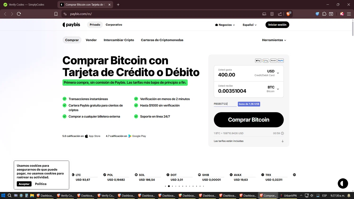 Paybis promo code screenshot showing code PBSBST122 applied at Paybis checkout page. Uploaded by SimplyCodes community member JhonatanGomez on Oct 22, 2025