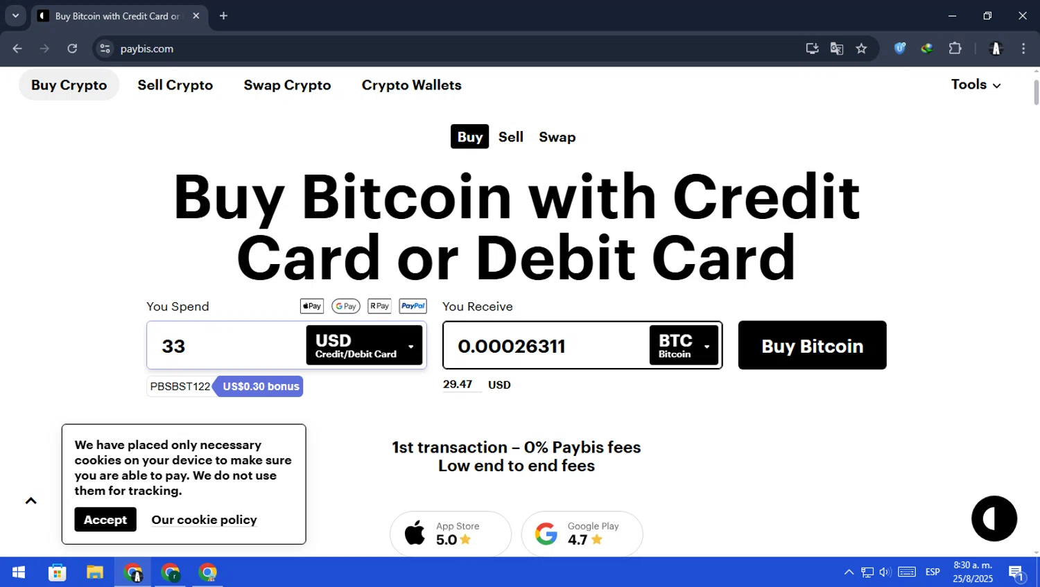 Paybis promo code screenshot showing code PBSBST122 applied at Paybis checkout page. Uploaded by SimplyCodes community member rodri1 on Aug 25, 2025