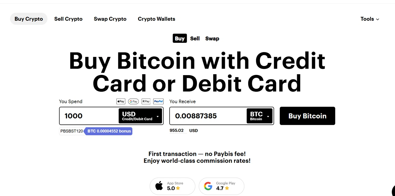 Paybis promo code screenshot showing code PBSBST120 applied at Paybis checkout page. Uploaded by SimplyCodes community member jade5416625024720 on Jul 1, 2025