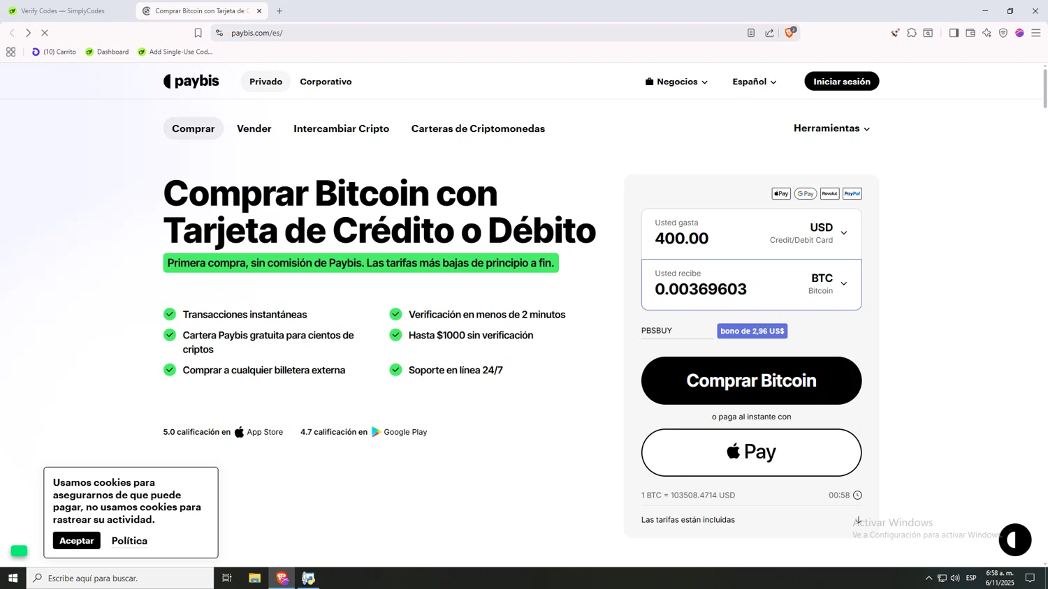 Paybis promo code screenshot showing code PBSBUY applied at Paybis checkout page. Uploaded by SimplyCodes community member 1p1p1p on Nov 6, 2025