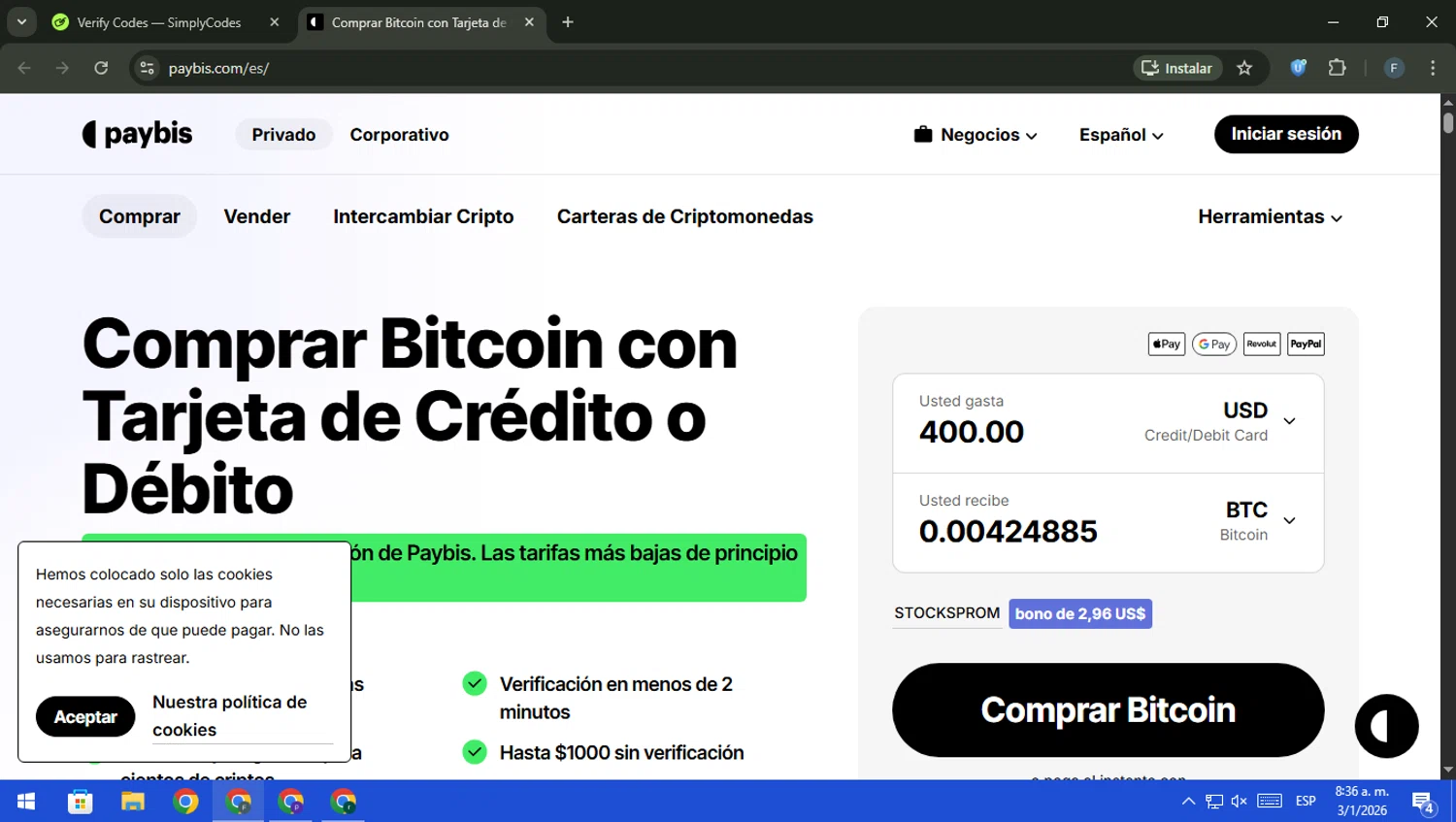 Paybis checkout page showing Paybis promo code box | Screenshot taken by SimplyCodes community member on Jan 3, 2026