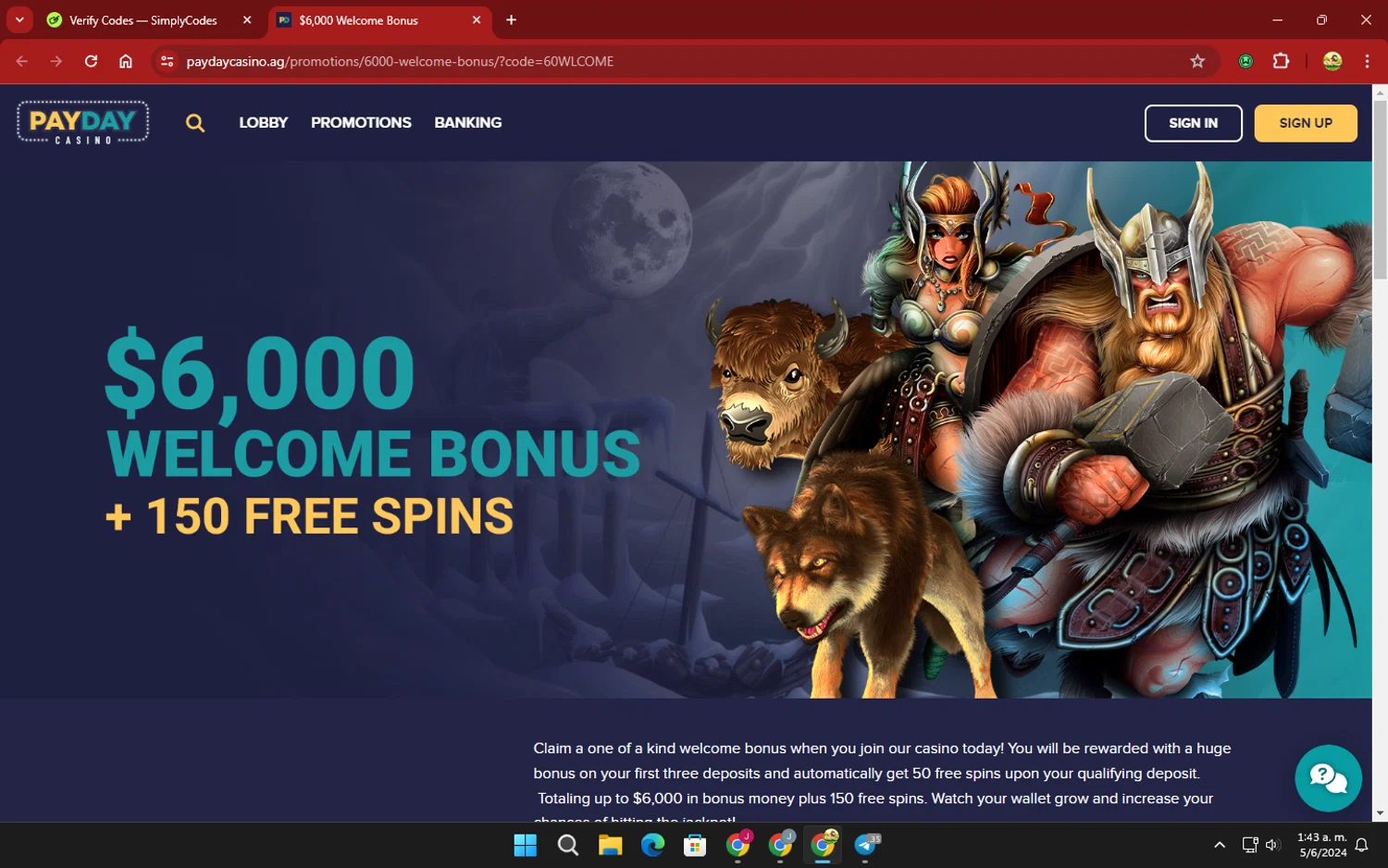 Payday Casino checkout page showing Payday Casino promo code box | Screenshot taken by SimplyCodes community member on Jun 5, 2024