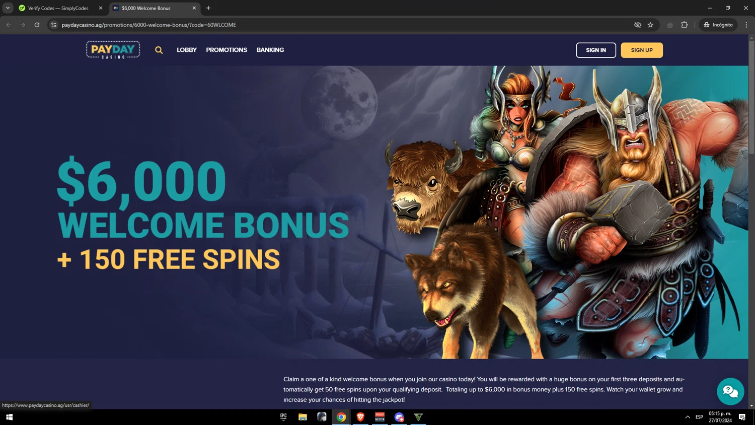 Payday Casino checkout page showing Payday Casino promo code box | Screenshot taken by SimplyCodes community member on Jul 27, 2024