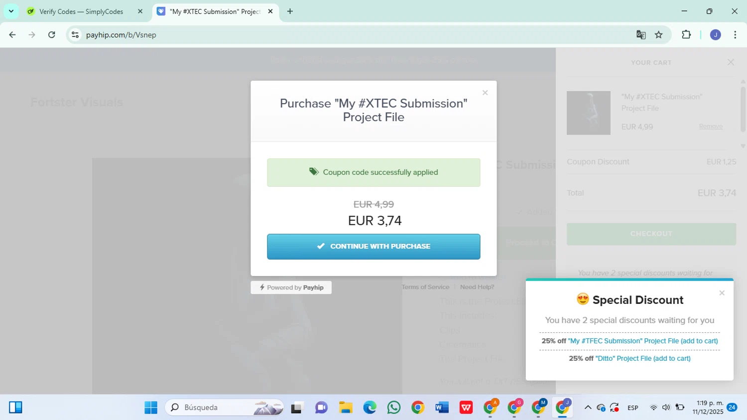 Payhip discount code screenshot showing code PROJECT applied at Payhip checkout page. Uploaded by SimplyCodes community member DiscountSleuth6807 on Dec 11, 2025