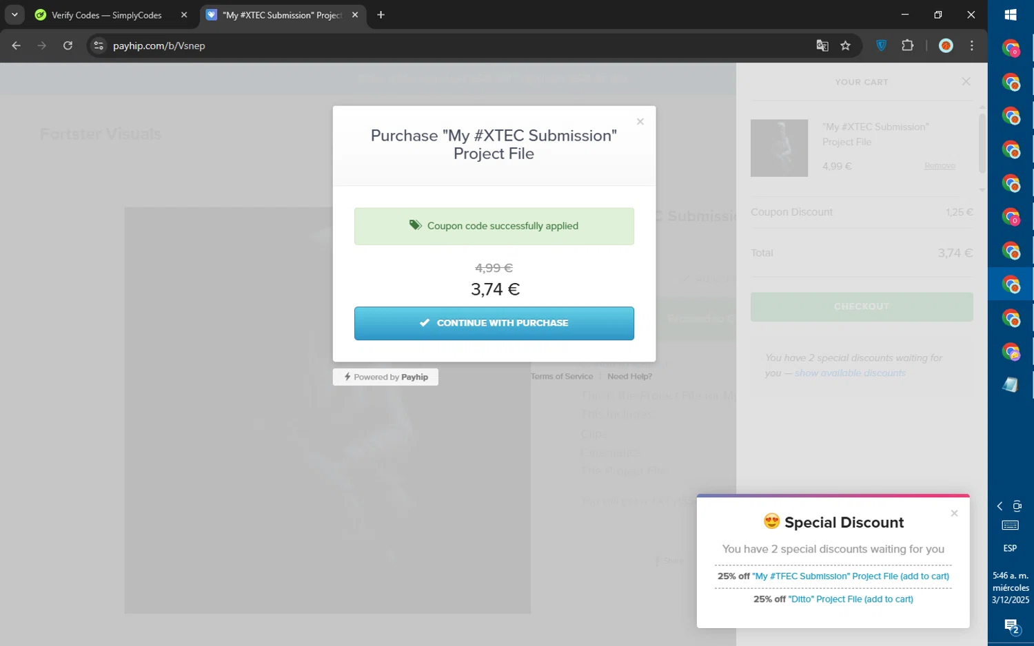 Payhip discount code screenshot showing code PROJECT applied at Payhip checkout page. Uploaded by SimplyCodes community member SalePhoenix823 on Dec 3, 2025
