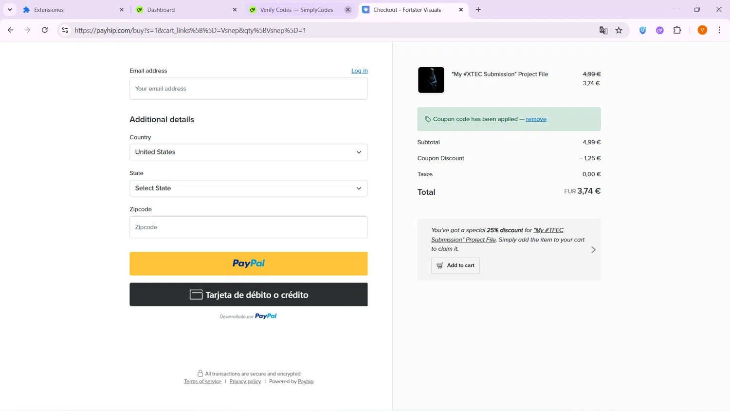 Payhip discount code screenshot showing code PROJECT applied at Payhip checkout page. Uploaded by SimplyCodes community member VoucherShopper4674 on Feb 8, 2026