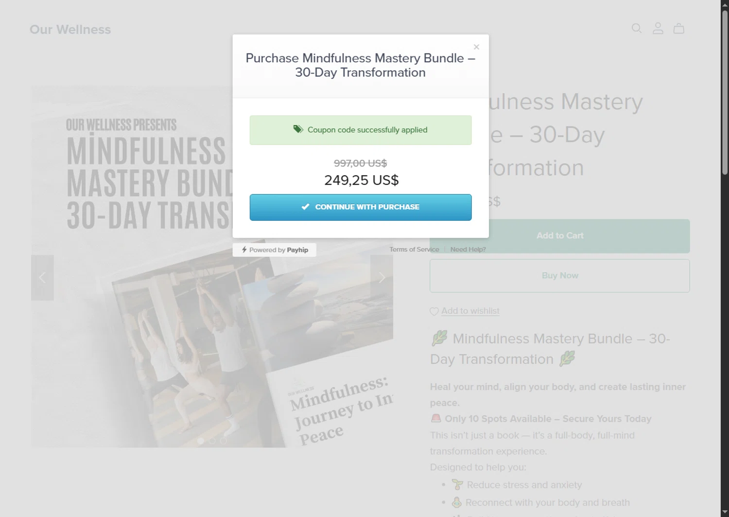Payhip discount code screenshot showing code MINDFUL75 applied at Payhip checkout page. Uploaded by SimplyCodes community member Alejandra10 on Jul 18, 2025