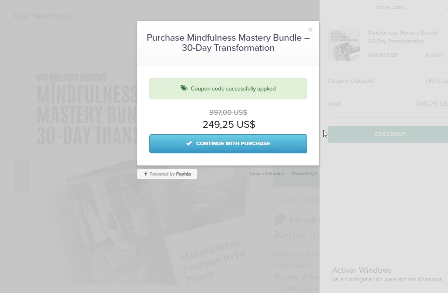 Payhip discount code screenshot showing code MINDFUL75 applied at Payhip checkout page. Uploaded by SimplyCodes community member BudgetGuardian5712 on Dec 1, 2025