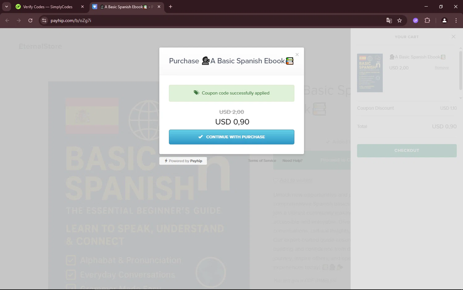 Payhip discount code screenshot showing code 1sell applied at Payhip checkout page. Uploaded by SimplyCodes community member Makunouchi on Aug 8, 2025
