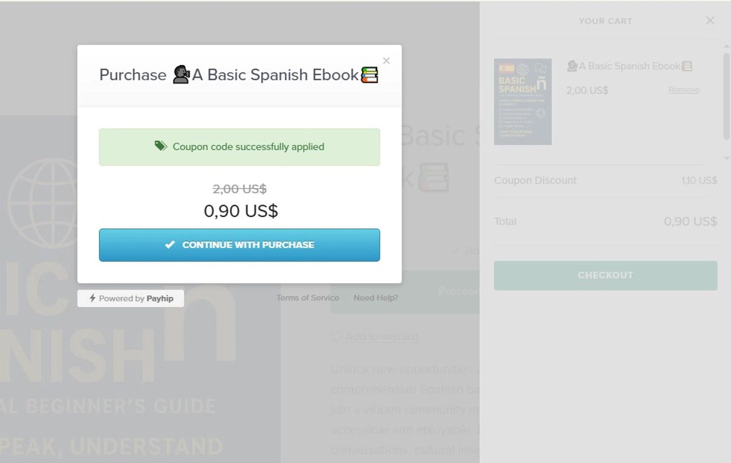 Payhip discount code screenshot showing code 1sell applied at Payhip checkout page. Uploaded by SimplyCodes community member MagnificentCollector7829 on Jul 10, 2025