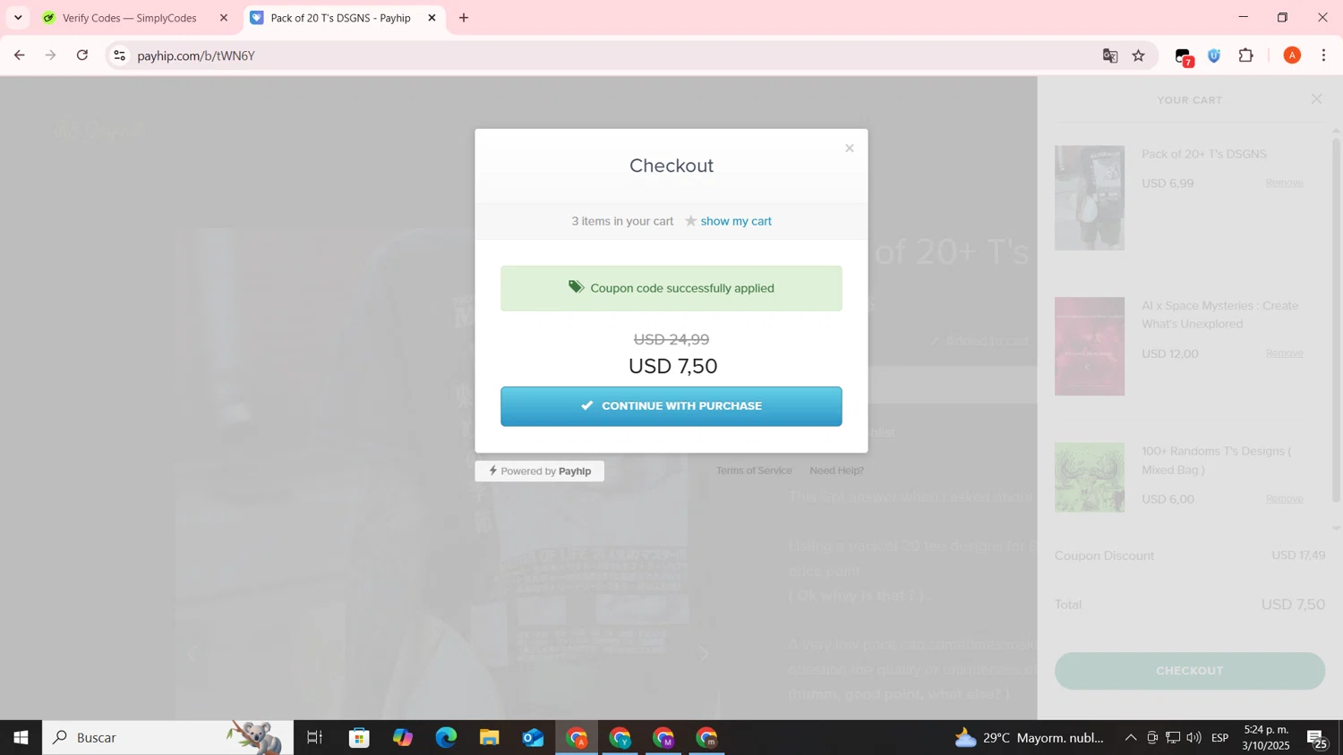 Payhip discount code screenshot showing code 20UKD6KU7U applied at Payhip checkout page. Uploaded by SimplyCodes community member FrugalSentinel6206 on Oct 3, 2025