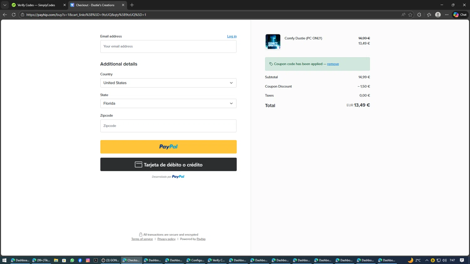 Payhip checkout page showing Payhip discount code box | Screenshot taken by SimplyCodes community member on Feb 1, 2026