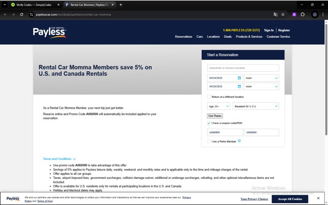 Payless Car Rental checkout page showing Payless Car Rental discount code box | Screenshot taken by SimplyCodes community member on Apr 23, 2025