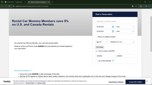 Payless Car Rental checkout page showing Payless Car Rental discount code box | Screenshot taken by SimplyCodes community member on Feb 24, 2025