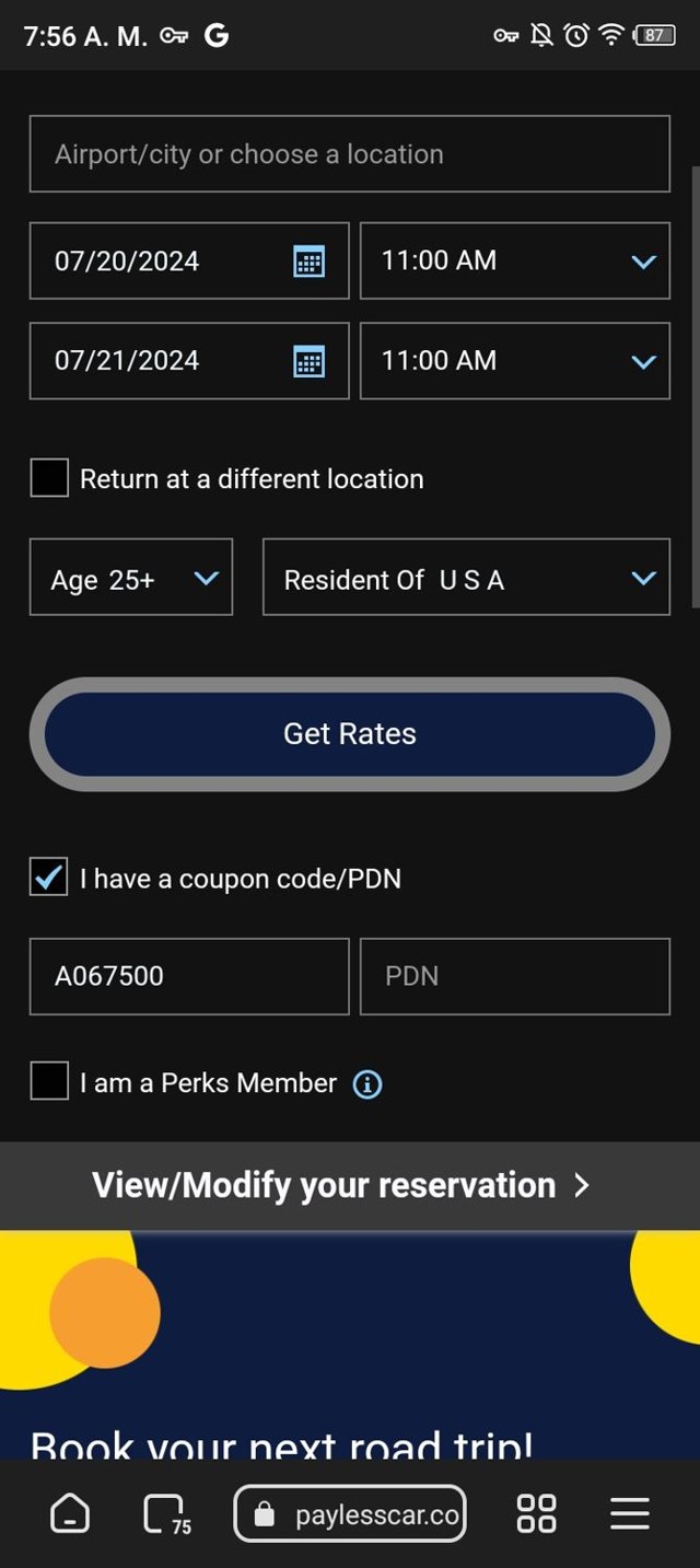 Payless Car Rental checkout page showing Payless Car Rental discount code box | Screenshot taken by SimplyCodes community member on Jul 20, 2024