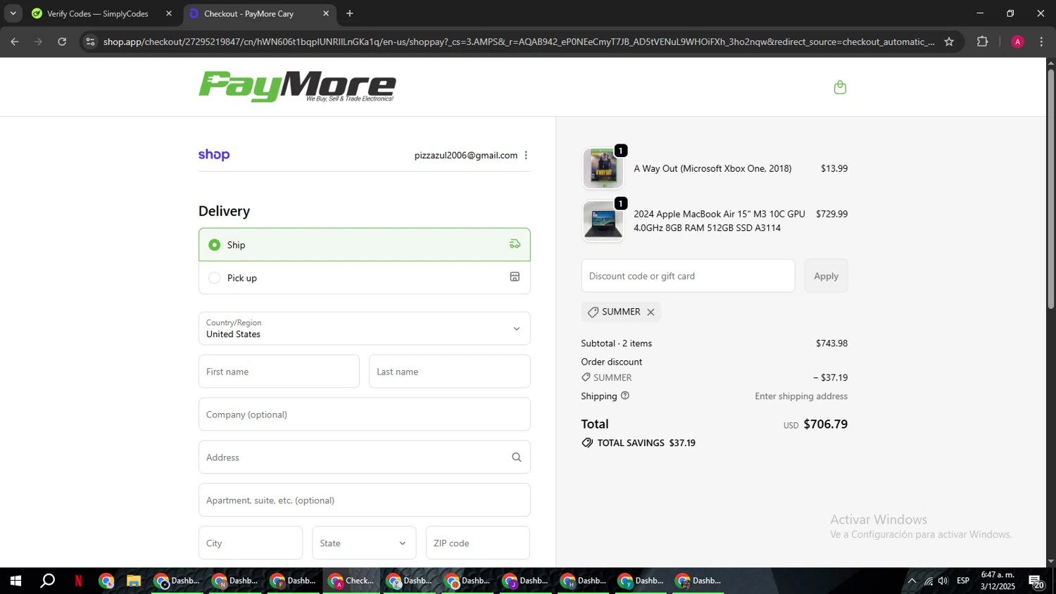 PayMore discount code screenshot showing code SUMMER applied at PayMore checkout page. Uploaded by SimplyCodes community member BMWGS1200 on Dec 3, 2025