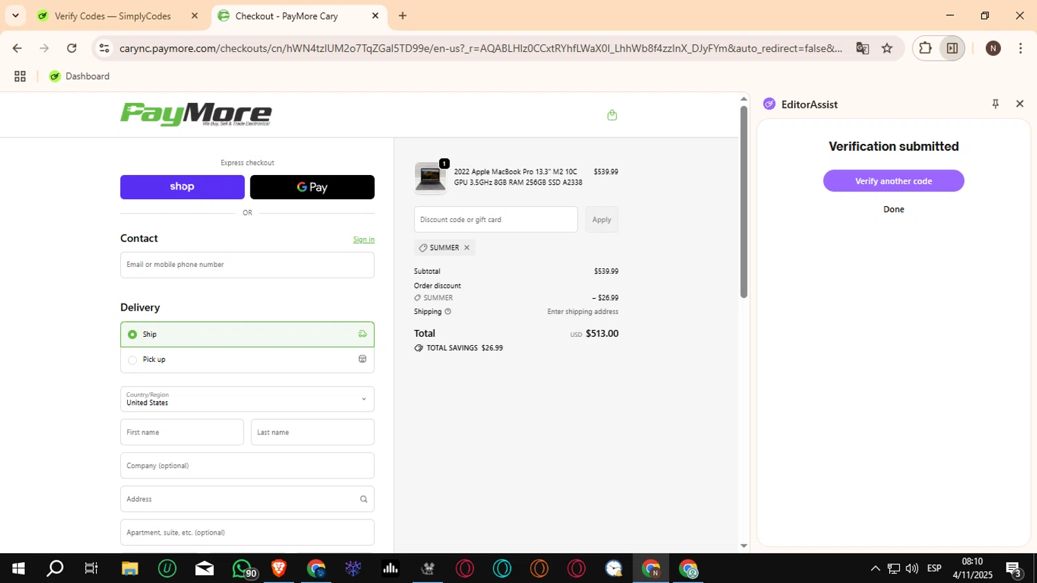 PayMore discount code screenshot showing code SUMMER applied at PayMore checkout page. Uploaded by SimplyCodes community member Crchirino1 on Nov 4, 2025