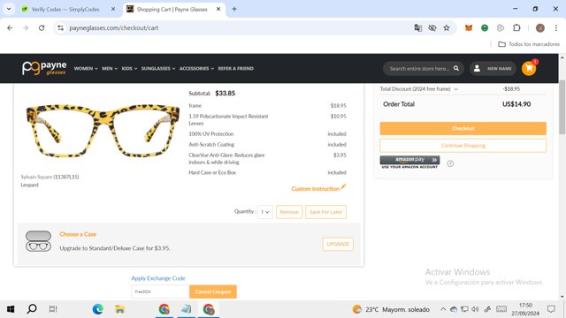 Payne Glasses checkout page showing Payne Glasses coupon code box | Screenshot taken by SimplyCodes community member on Sep 27, 2024