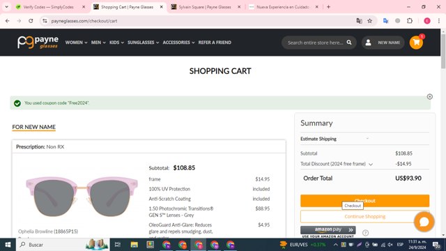 Payne Glasses checkout page showing Payne Glasses coupon code box | Screenshot taken by SimplyCodes community member on Sep 24, 2024