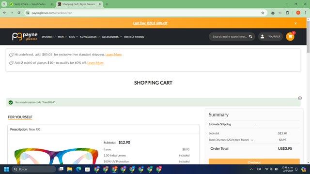 Payne Glasses checkout page showing Payne Glasses coupon code box | Screenshot taken by SimplyCodes community member on Sep 2, 2024