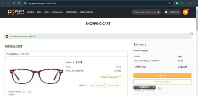 Payne Glasses checkout page showing Payne Glasses coupon code box | Screenshot taken by SimplyCodes community member on Sep 16, 2024