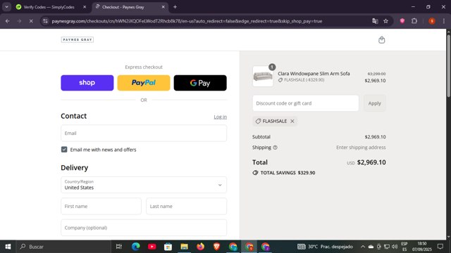 Paynes Gray checkout page showing Paynes Gray promo code box | Screenshot taken by SimplyCodes community member on Sep 7, 2025