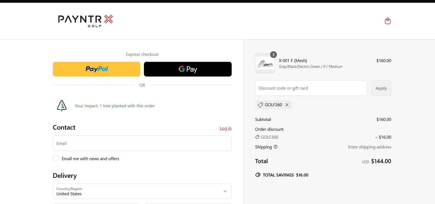 Payntr Golf discount code screenshot showing code GOLF360 applied at Payntr Golf checkout page. Uploaded by SimplyCodes community member Frafid on Jun 4, 2025