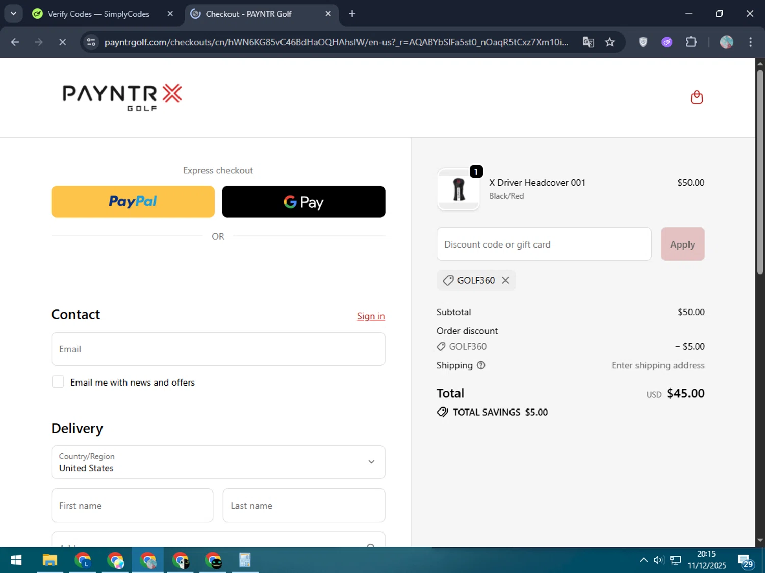 Payntr Golf discount code screenshot showing code GOLF360 applied at Payntr Golf checkout page. Uploaded by SimplyCodes community member LegendaryPro7106 on Dec 12, 2025