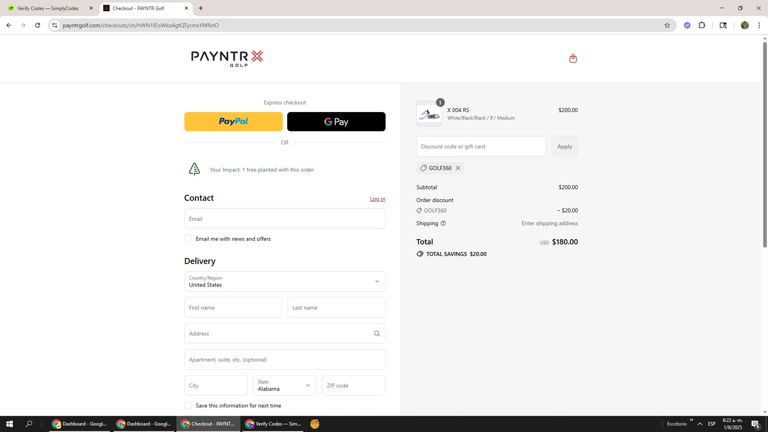 Payntr Golf discount code screenshot showing code GOLF360 applied at Payntr Golf checkout page. Uploaded by SimplyCodes community member Phoenix585 on Aug 1, 2025