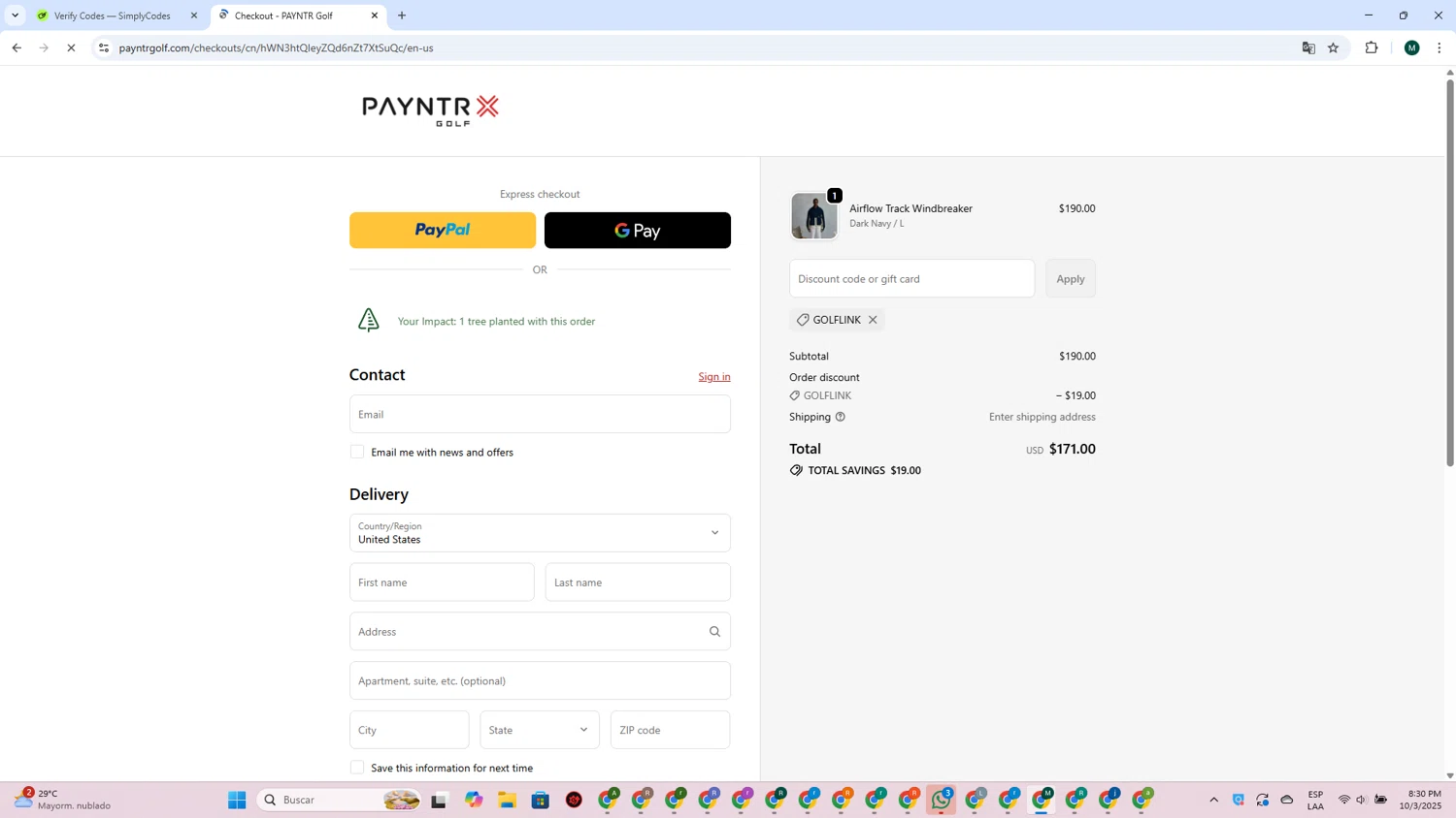 Payntr Golf discount code screenshot showing code GOLFLINK applied at Payntr Golf checkout page. Uploaded by SimplyCodes community member MDLECHUZA on Oct 4, 2025