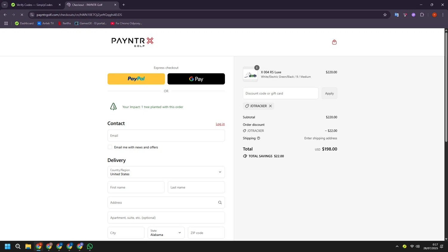 Payntr Golf discount code screenshot showing code JDtracker applied at Payntr Golf checkout page. Uploaded by SimplyCodes community member BudgetShopper182 on Jul 28, 2025