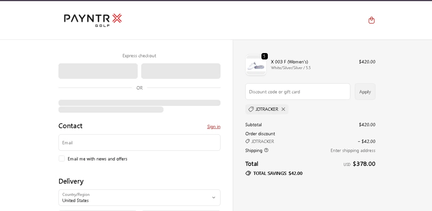 Payntr Golf discount code screenshot showing code JDtracker applied at Payntr Golf checkout page. Uploaded by SimplyCodes community member FortunateElite5130 on Dec 6, 2025