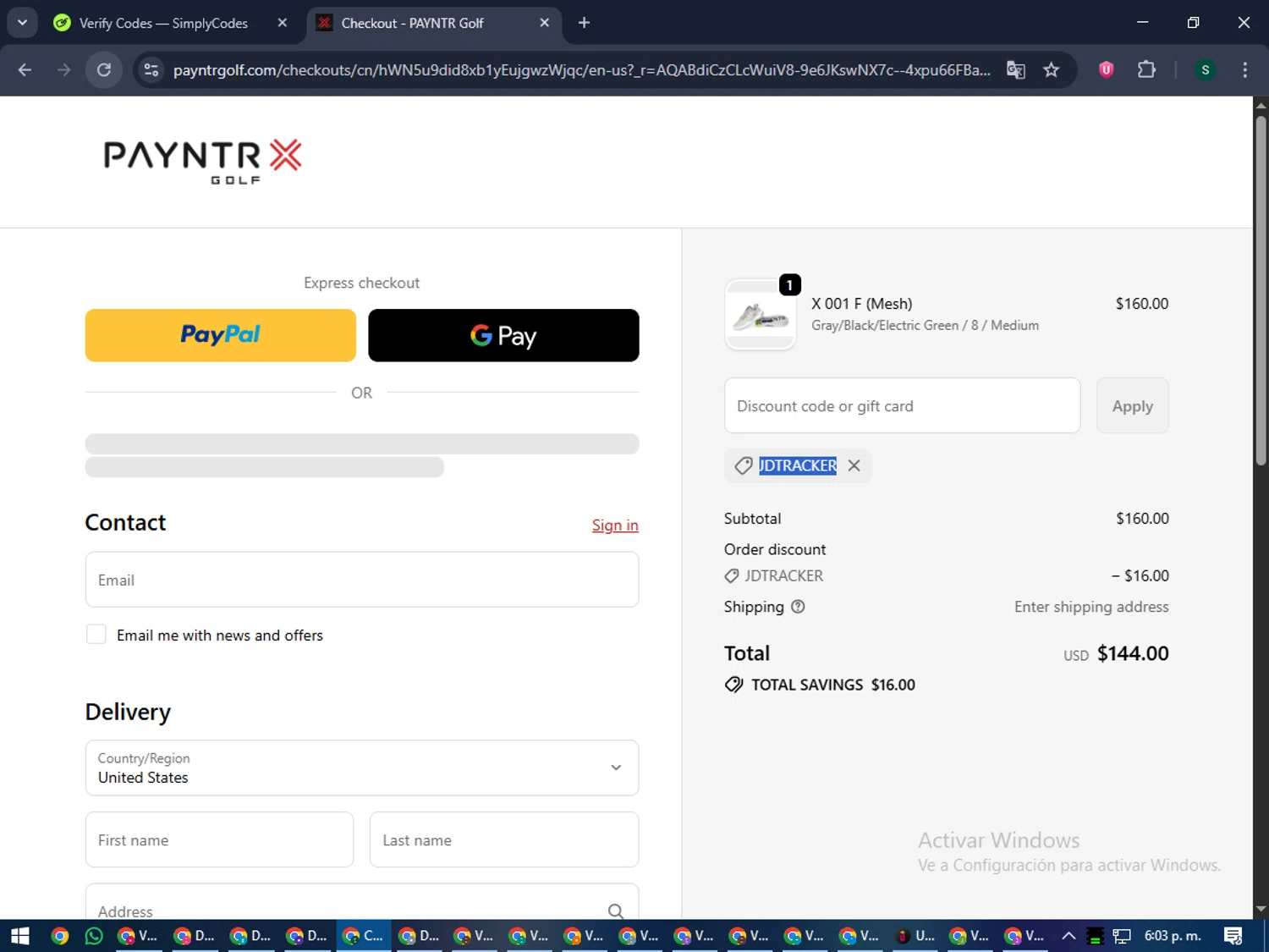 Payntr Golf discount code screenshot showing code JDtracker applied at Payntr Golf checkout page. Uploaded by SimplyCodes community member lilMosey on Nov 30, 2025