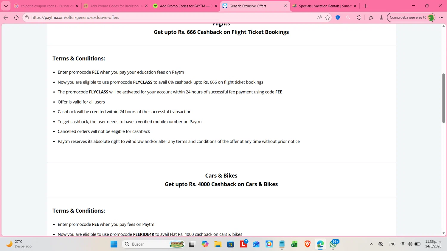 PAYTM promo code screenshot showing code FLYCLASS applied at PAYTM checkout page. Uploaded by SimplyCodes community member cosita on May 15, 2026
