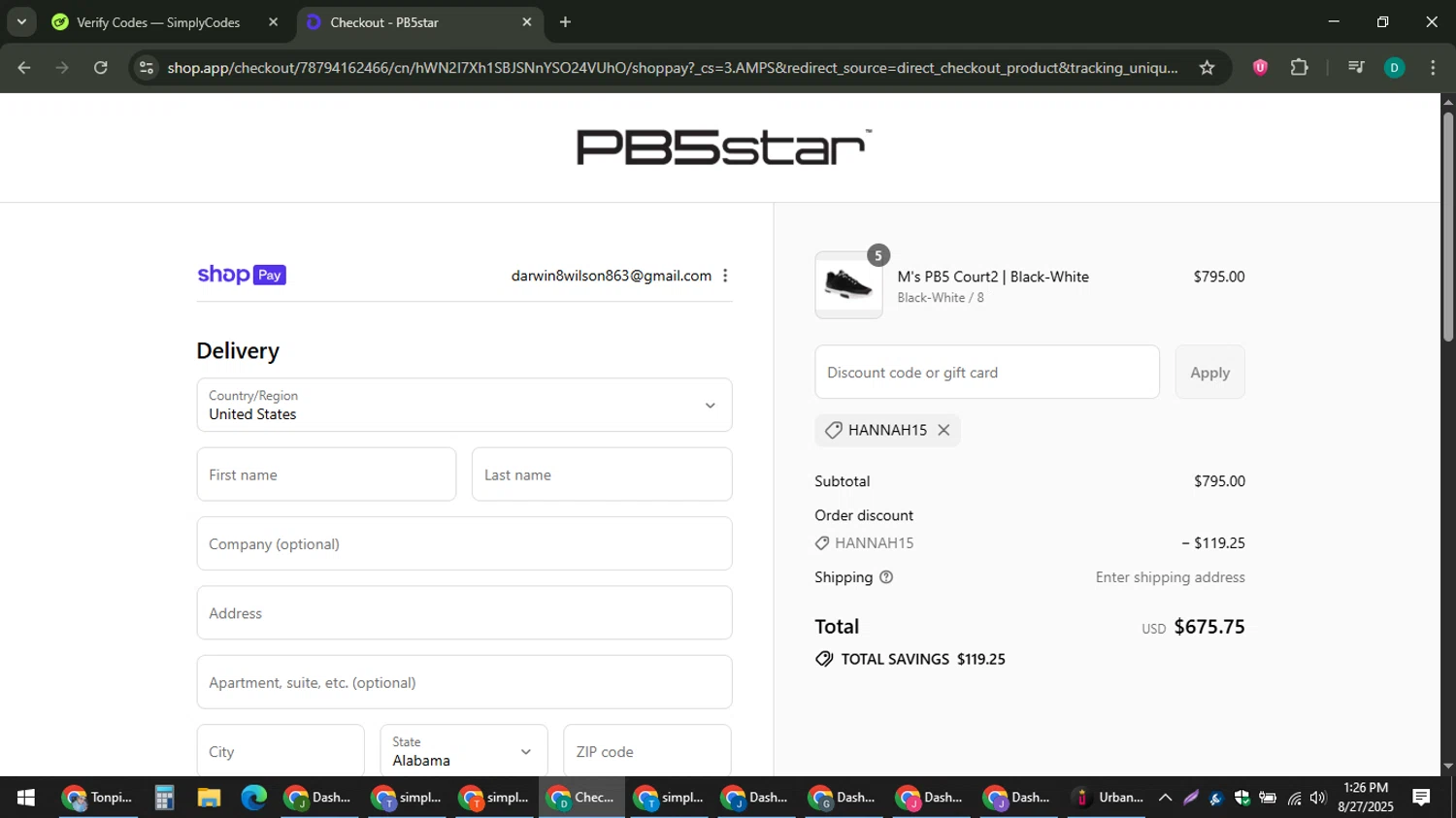 PB5star coupon code screenshot showing code Hannah15 applied at PB5star checkout page. Uploaded by SimplyCodes community member ThriftyLion6776 on Aug 27, 2025