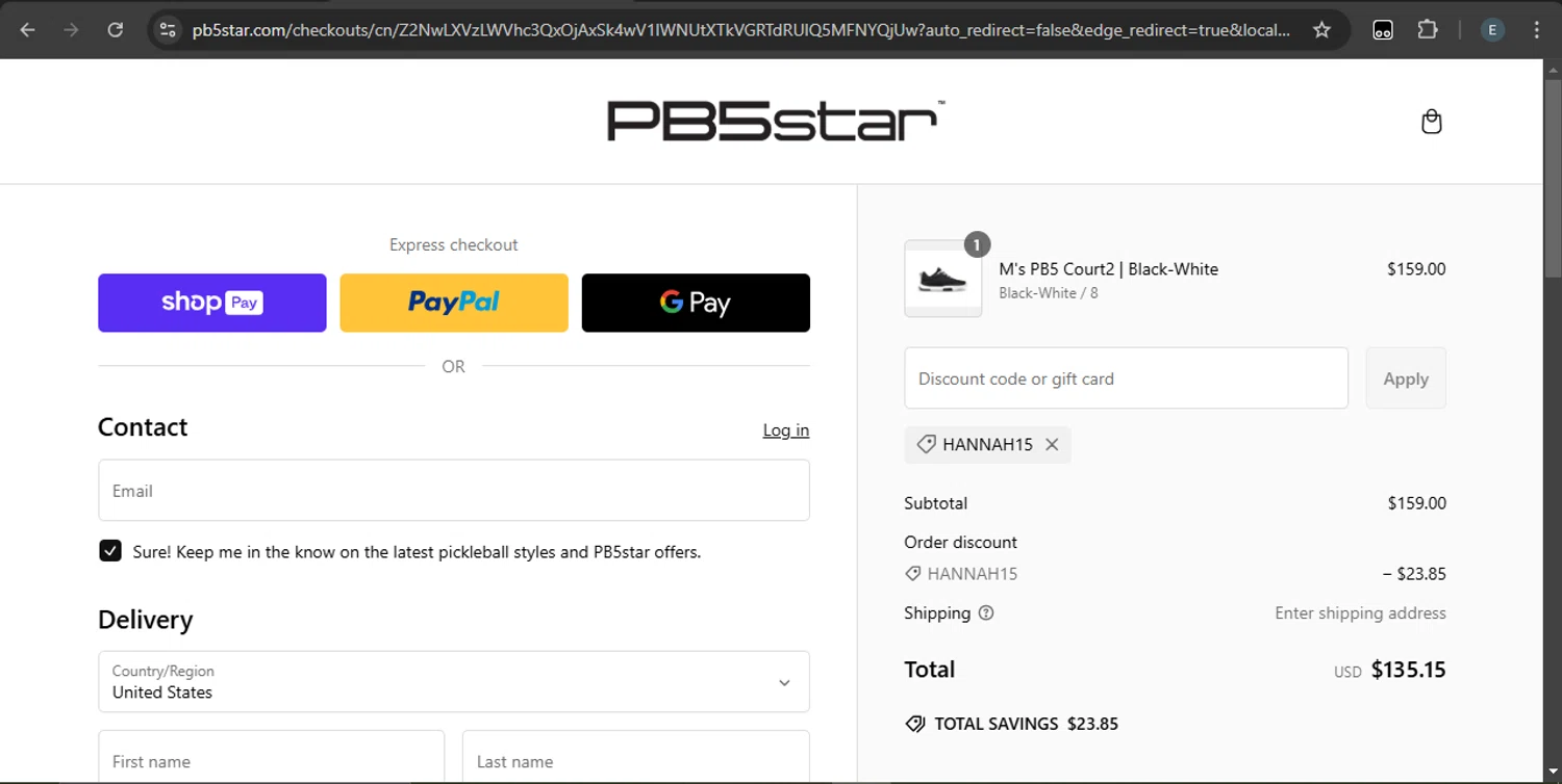 PB5star coupon code screenshot showing code Hannah15 applied at PB5star checkout page. Uploaded by SimplyCodes community member SilverKnight4465 on Feb 26, 2025