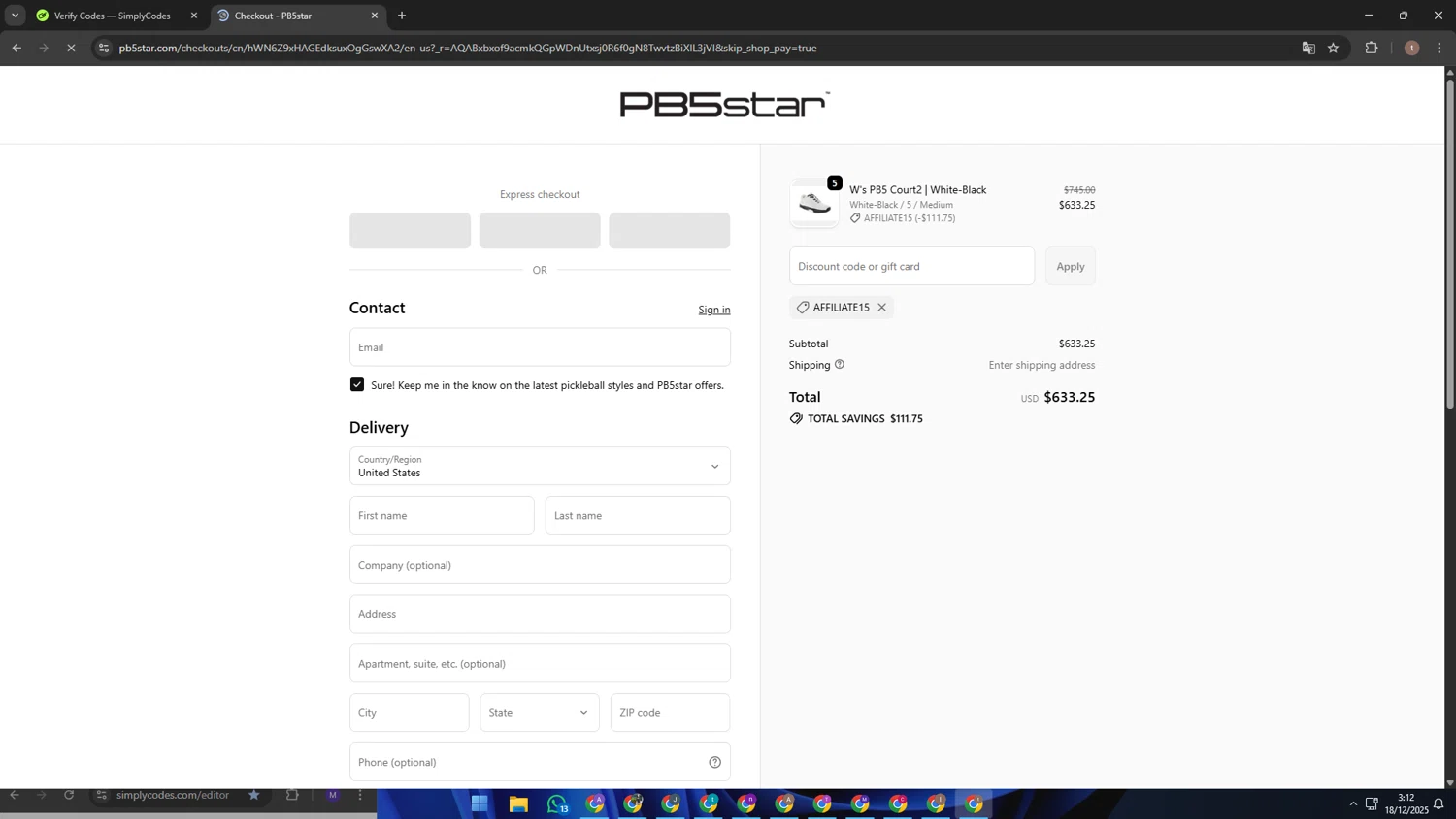 PB5star coupon code screenshot showing code AFFILIATE15 applied at PB5star checkout page. Uploaded by SimplyCodes community member Kaizen on Dec 18, 2025