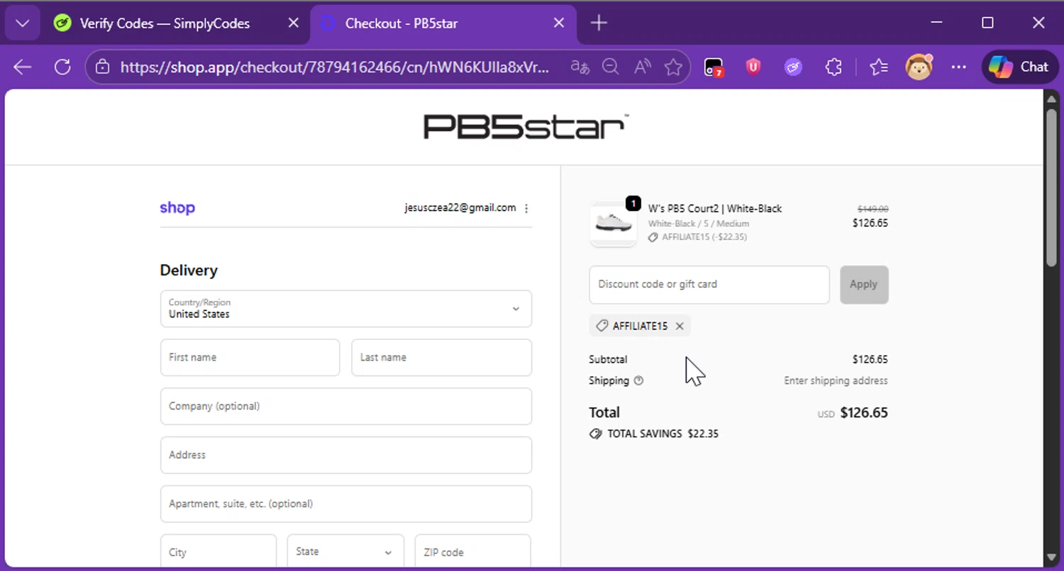 PB5star coupon code screenshot showing code AFFILIATE15 applied at PB5star checkout page. Uploaded by SimplyCodes community member Raibelys_18 on Dec 12, 2025