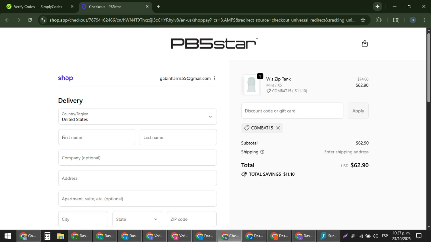 PB5star coupon code screenshot showing code COMBAT15 applied at PB5star checkout page. Uploaded by SimplyCodes community member gabinharris55 on Oct 24, 2025