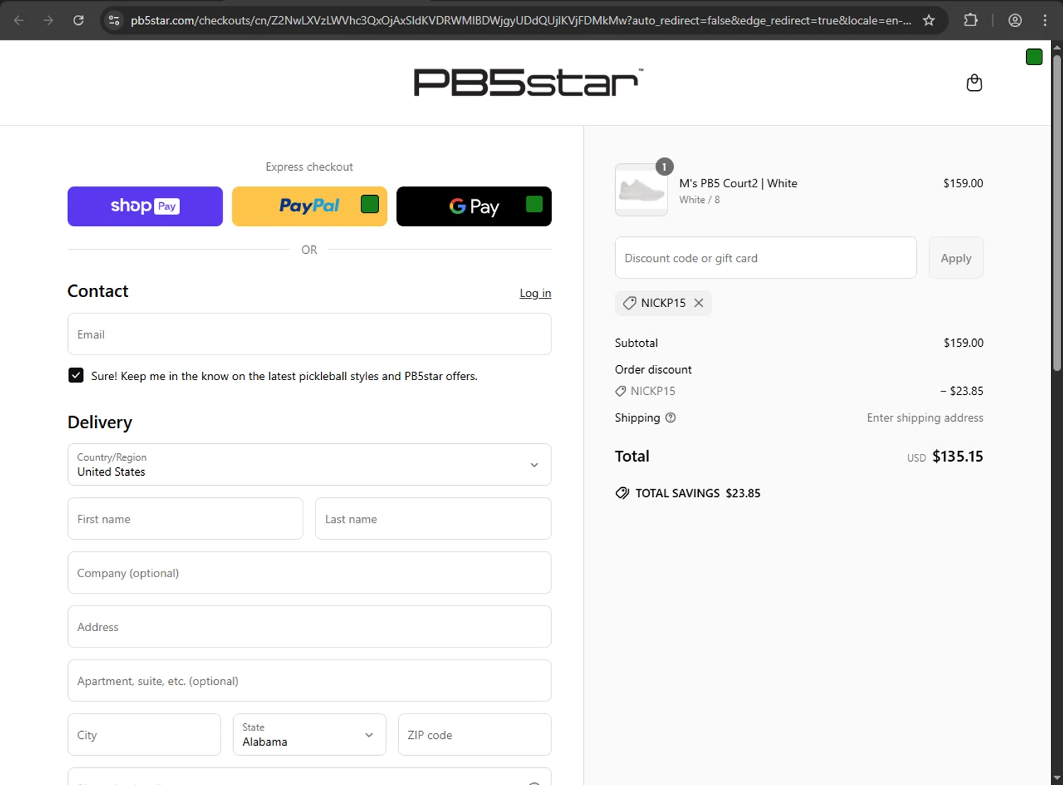 PB5star coupon code screenshot showing code NICKP15 applied at PB5star checkout page. Uploaded by SimplyCodes community member megagei on May 31, 2025