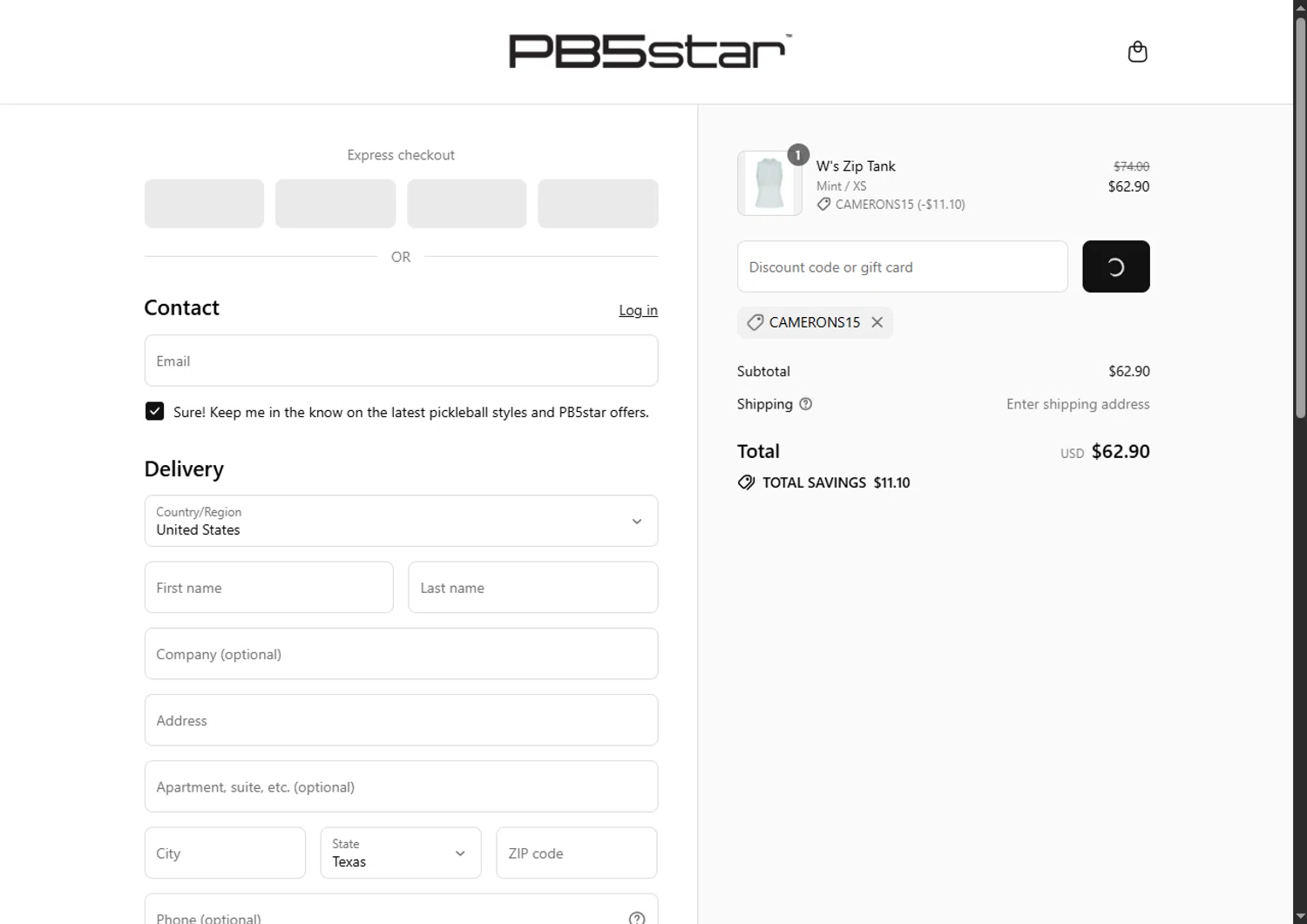PB5star coupon code screenshot showing code CAMERONS15 applied at PB5star checkout page. Uploaded by SimplyCodes community member VoucherFinder3467 on Aug 1, 2025
