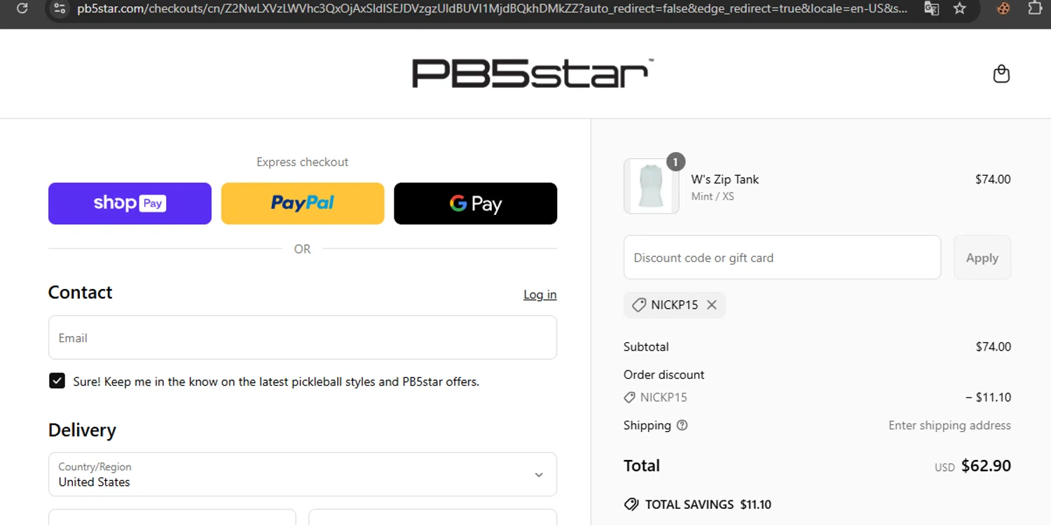 PB5star coupon code screenshot showing code NICKP15 applied at PB5star checkout page. Uploaded by SimplyCodes community member javierprez on May 31, 2025