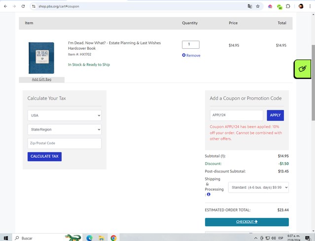 PBS checkout page showing PBS promo code box | Screenshot taken by SimplyCodes community member on Aug 27, 2024