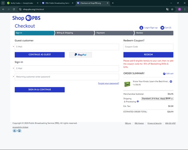 PBS checkout page showing PBS promo code box | Screenshot taken by SimplyCodes community member on Aug 4, 2024