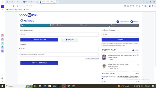 PBS checkout page showing PBS promo code box | Screenshot taken by SimplyCodes community member on Aug 24, 2024