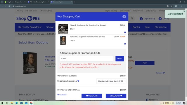 PBS checkout page showing PBS promo code box | Screenshot taken by SimplyCodes community member on Aug 26, 2024