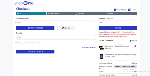 PBS checkout page showing PBS promo code box | Screenshot taken by SimplyCodes community member on Jul 30, 2024