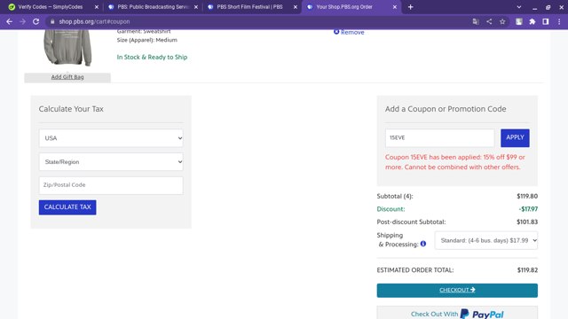 PBS checkout page showing PBS promo code box | Screenshot taken by SimplyCodes community member on Aug 5, 2024
