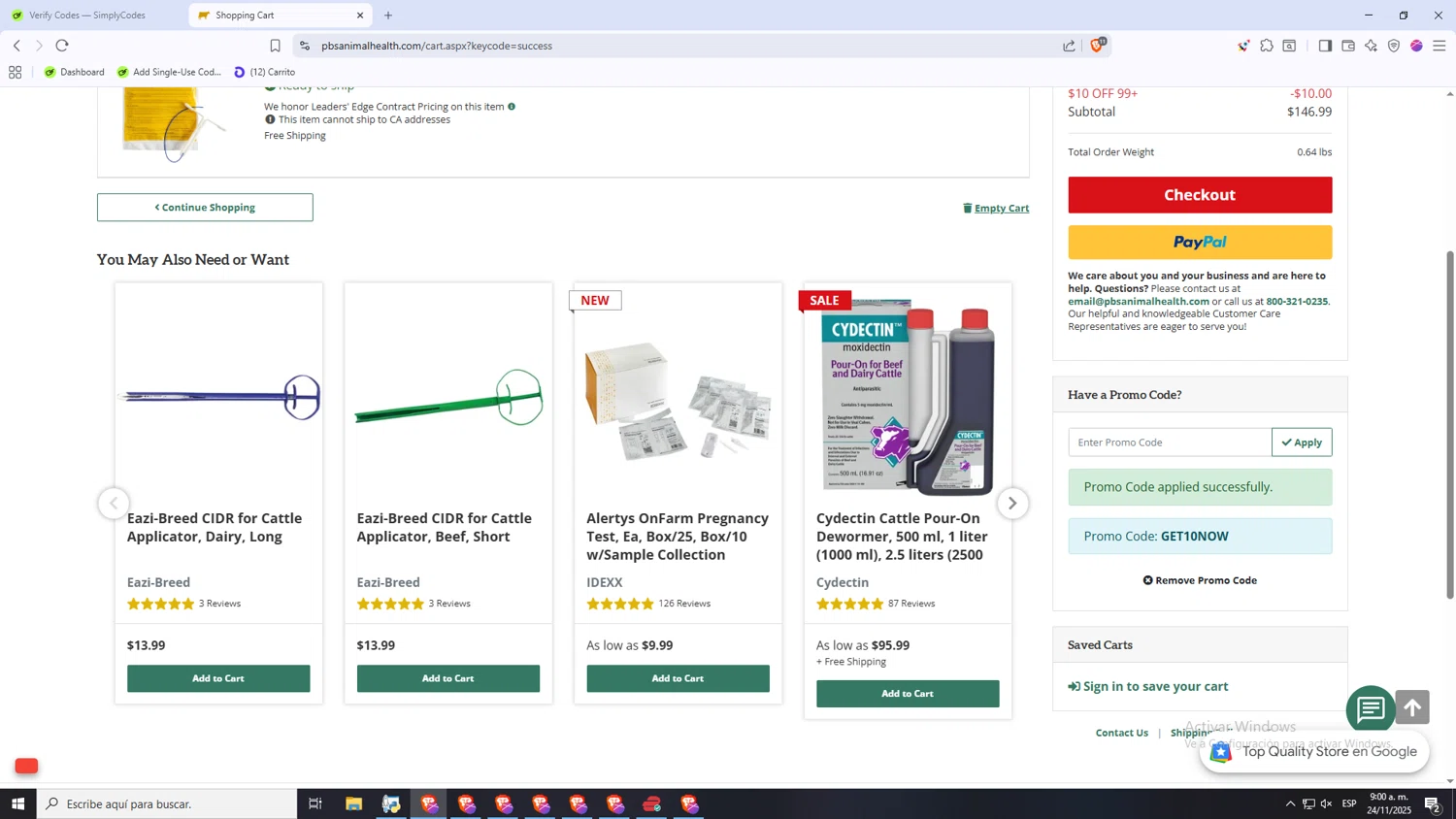 PBS Animal Health promo code screenshot showing code GET10NOW applied at PBS Animal Health checkout page. Uploaded by SimplyCodes community member Monitos on Nov 24, 2025
